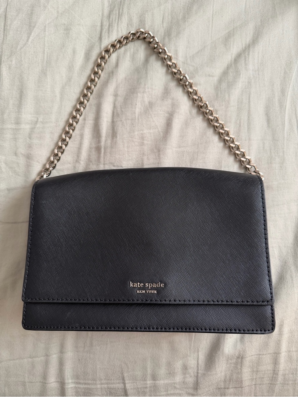 kate spade small Black Leather Shoulder Bag with silver Chain